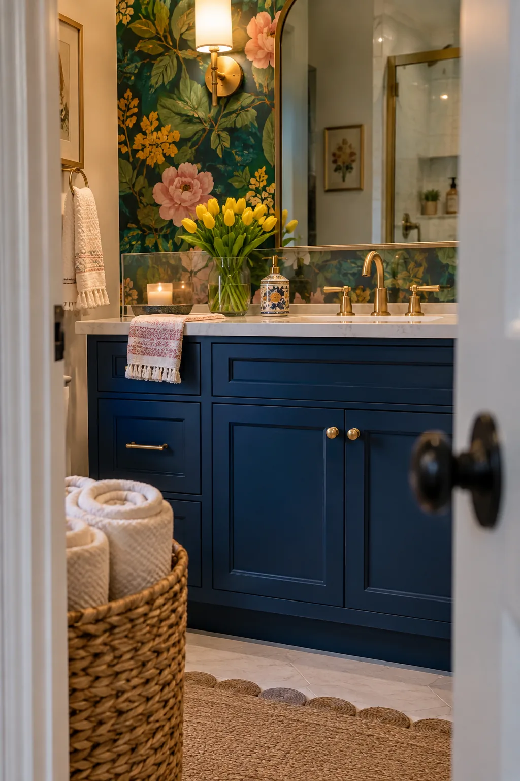 Floral wallpaper behind a sink protected by a clear pane of tempered glass