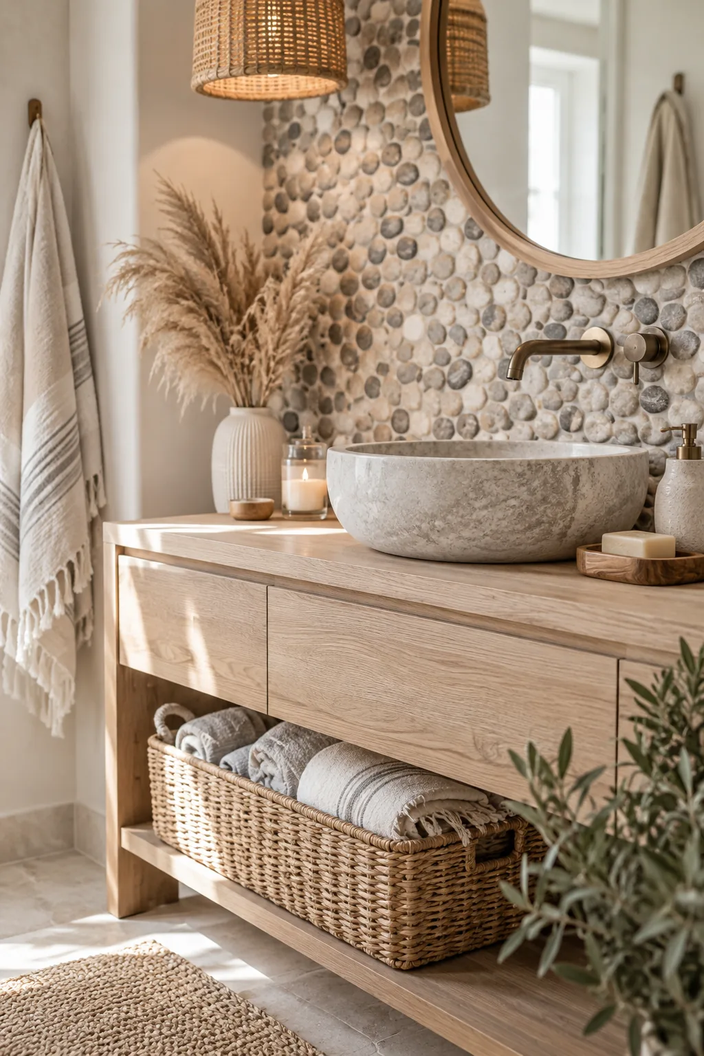 Natural river rock pebble mosaic tiles behind a wooden bathroom vanity