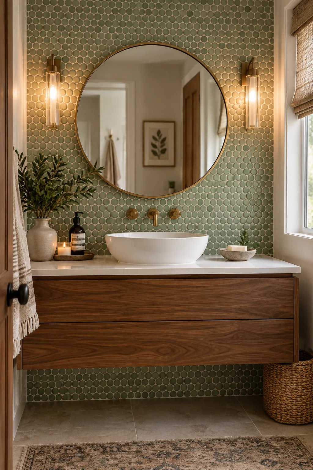 White penny round tiles running from the vanity countertop all the way to the ceiling