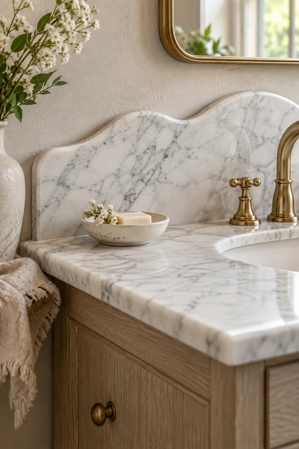 Small custom-cut marble backsplash with a curved top edge behind a sink