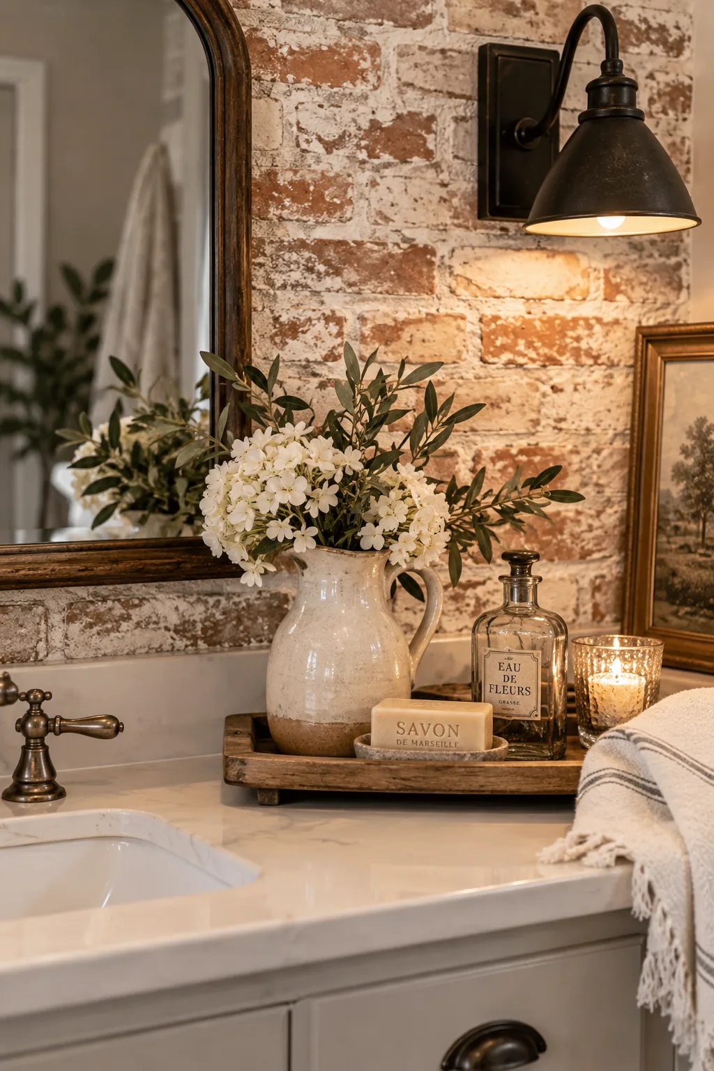 Thin brick veneer backsplash with a messy white mortar wash behind a sink