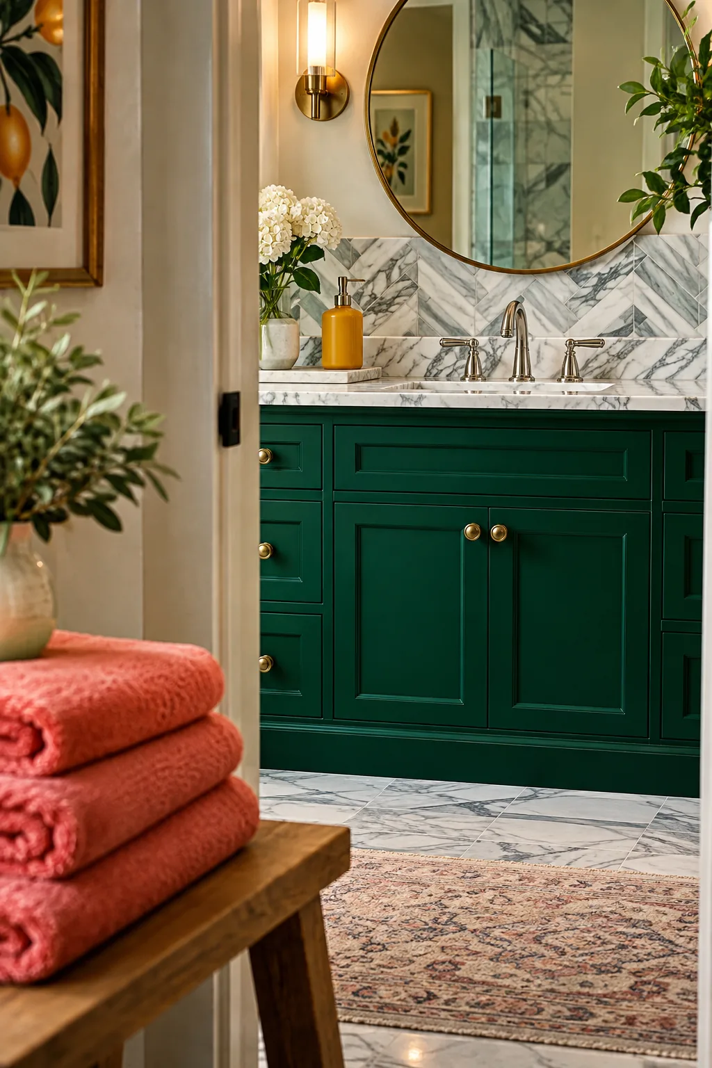 Marble subway tiles laid in a horizontal herringbone pattern behind a bathroom vanity