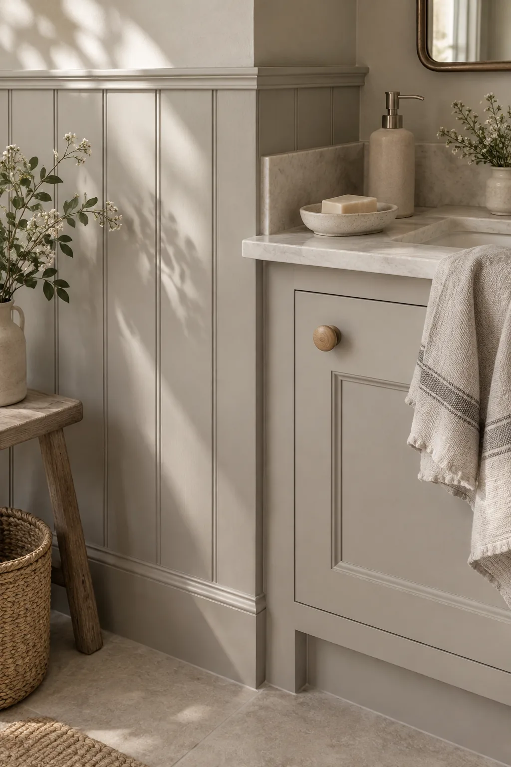 Bathroom vanity painted the same dark blue as the continuous wainscoting behind it