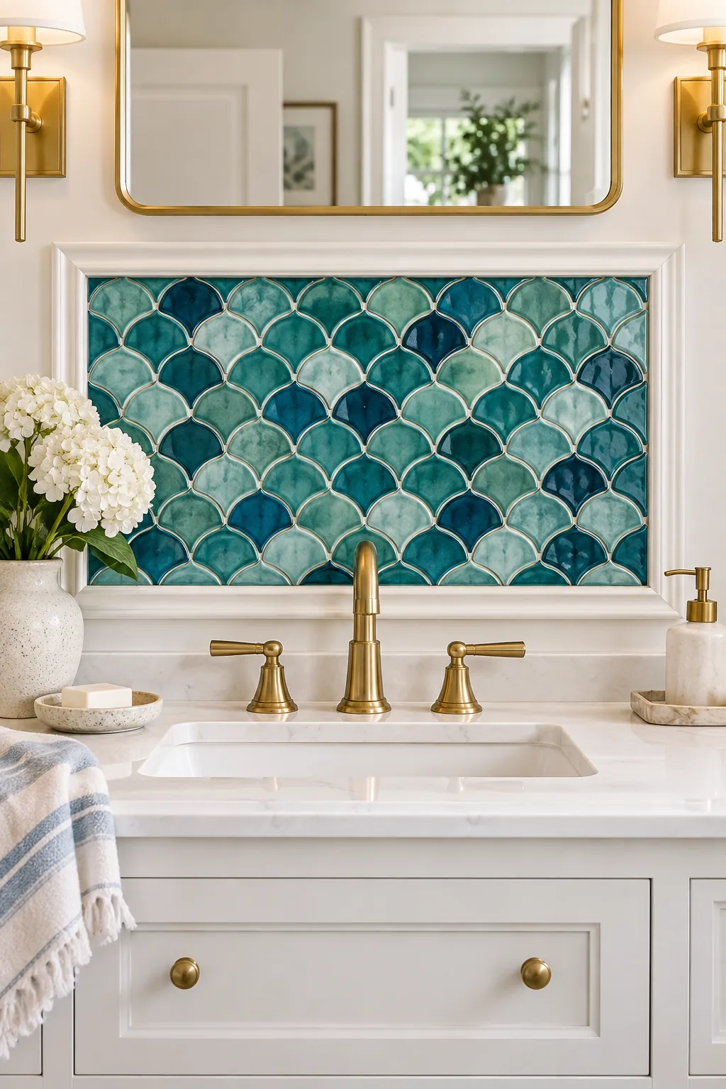 A square panel of blue fish scale tiles framed with white trim behind a sink