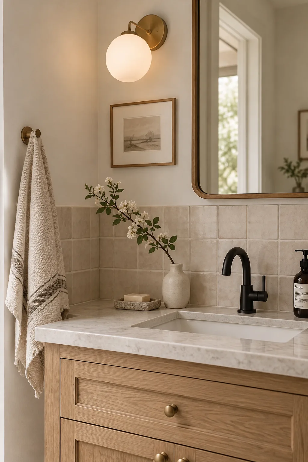Three rows of matte square tiles stacked in a straight grid behind a vanity