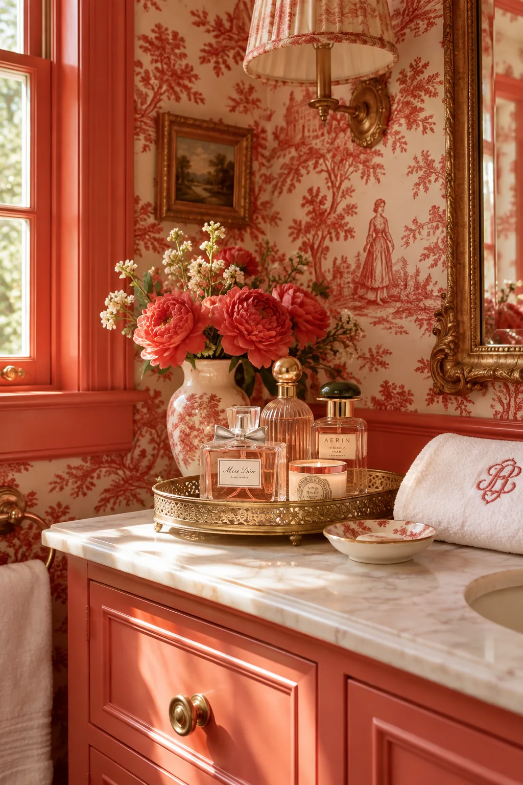 Bathroom featuring blue and white toile wallpaper above crisp white wainscoting