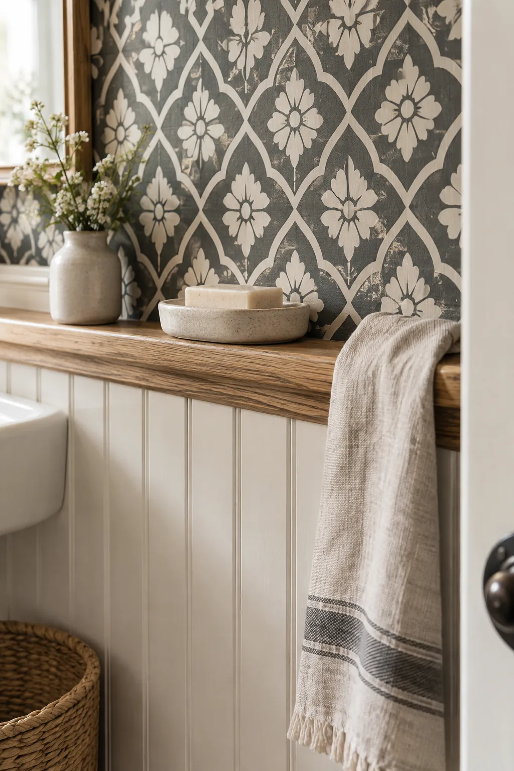Bathroom with white beadboard on the bottom and geometric wallpaper on top