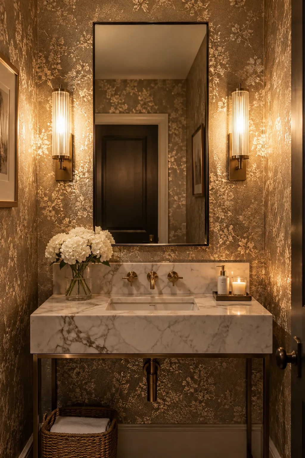 Powder room with gold metallic wallpaper catching the light from vanity sconces
