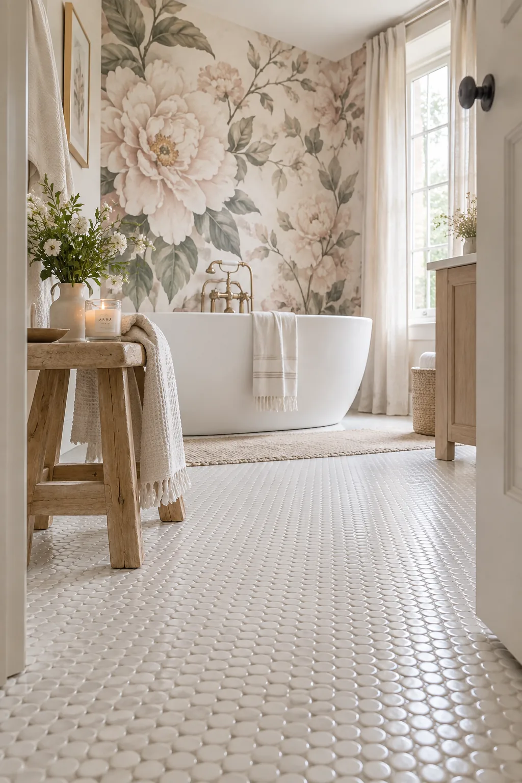 Bathroom with small penny floor tiles and oversized floral wallpaper on the walls