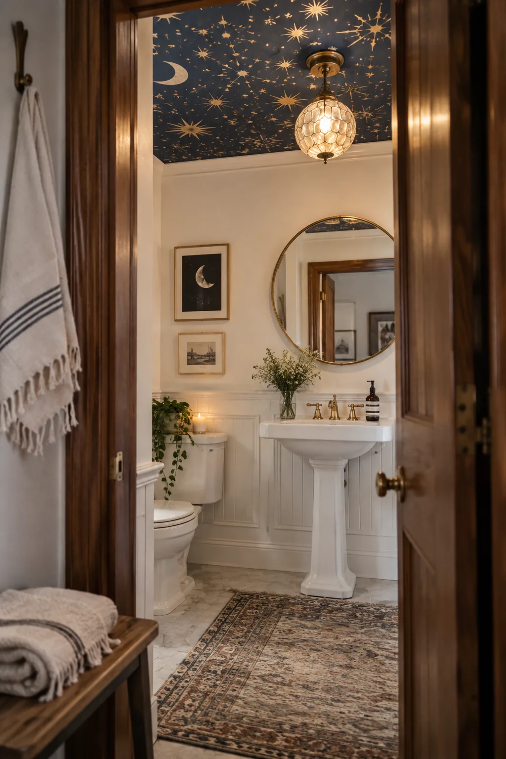 White bathroom with a colorful patterned wallpaper applied to the ceiling