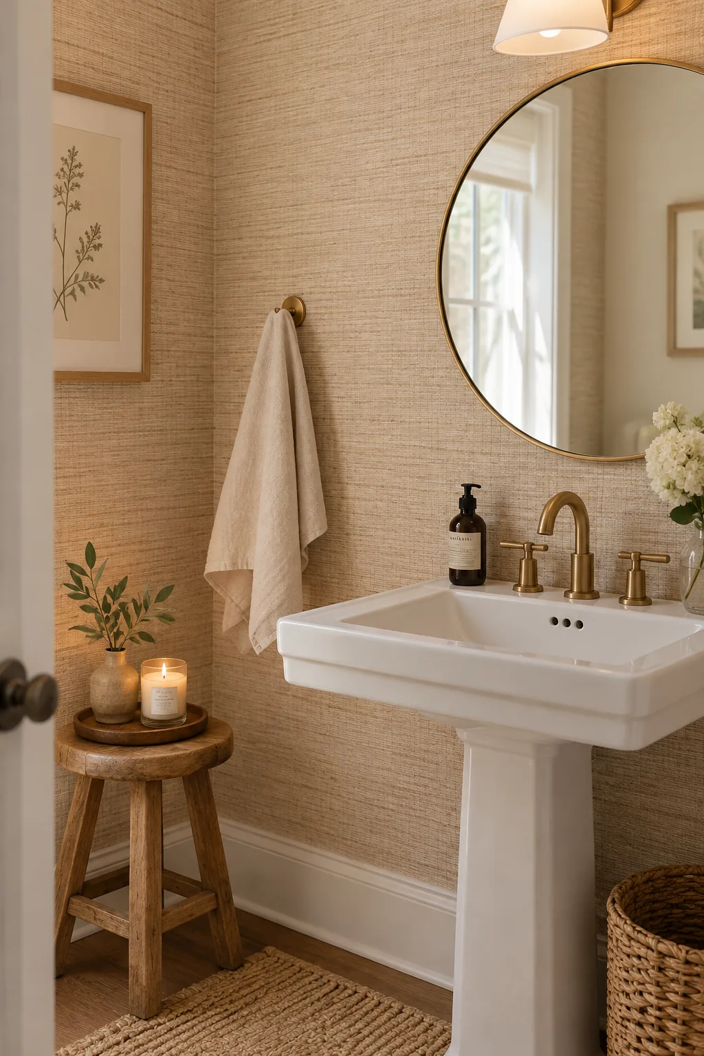 Guest bathroom featuring warm faux grasscloth wallpaper and a wood vanity