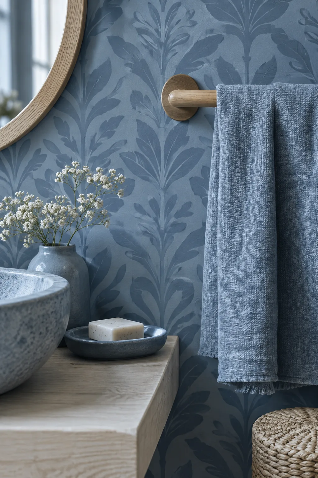 Bathroom with tone-on-tone blue wallpaper and matching blue hand towels