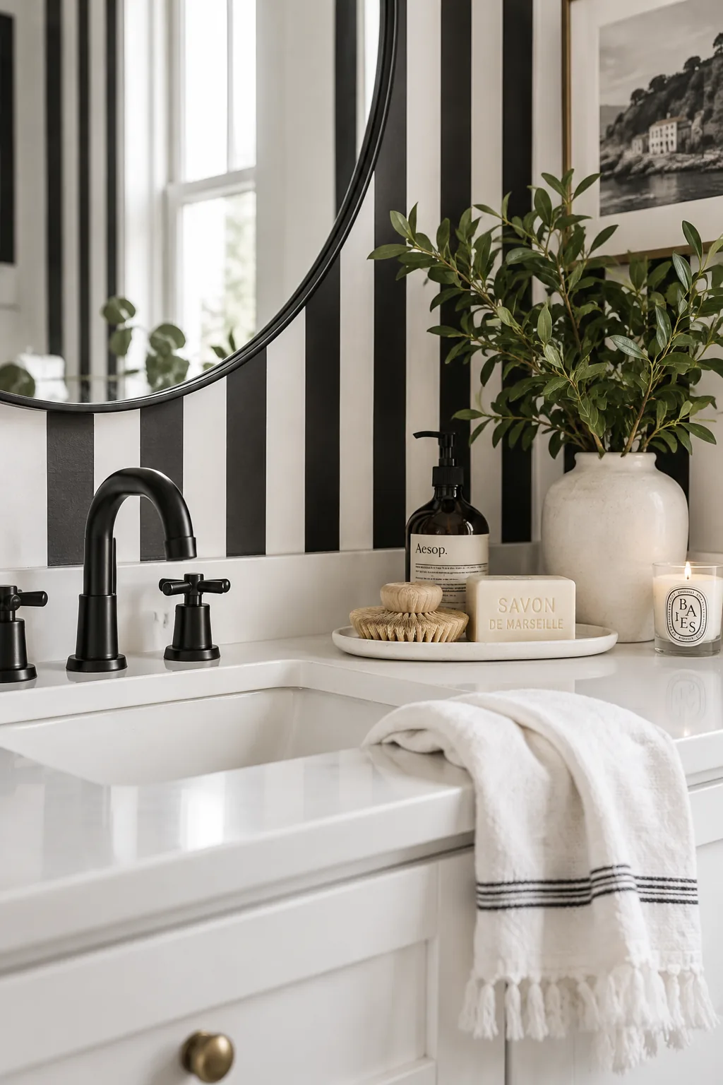 Narrow bathroom with black and white vertical striped wallpaper and black fixtures