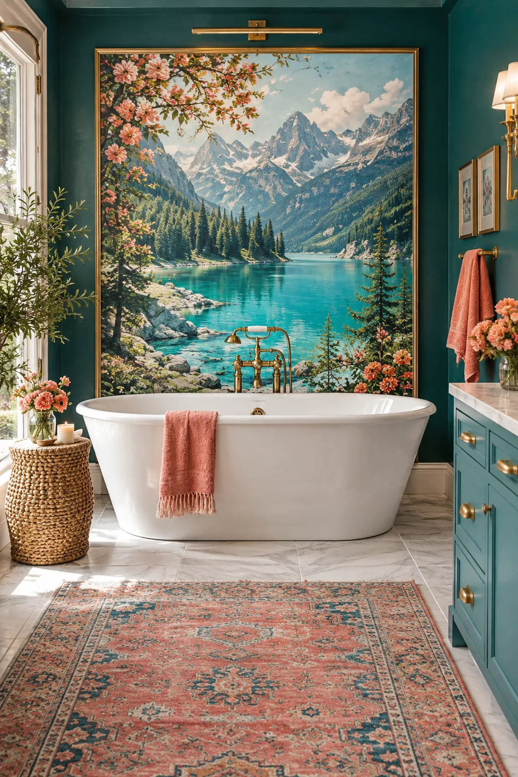 Freestanding bathtub with a framed panel of scenic mural wallpaper behind it