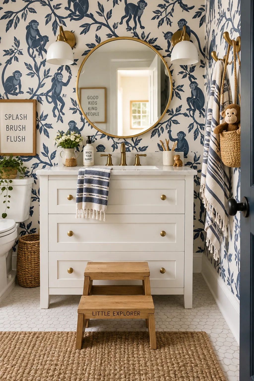 Kids bathroom with sophisticated navy and white monkey print wallpaper