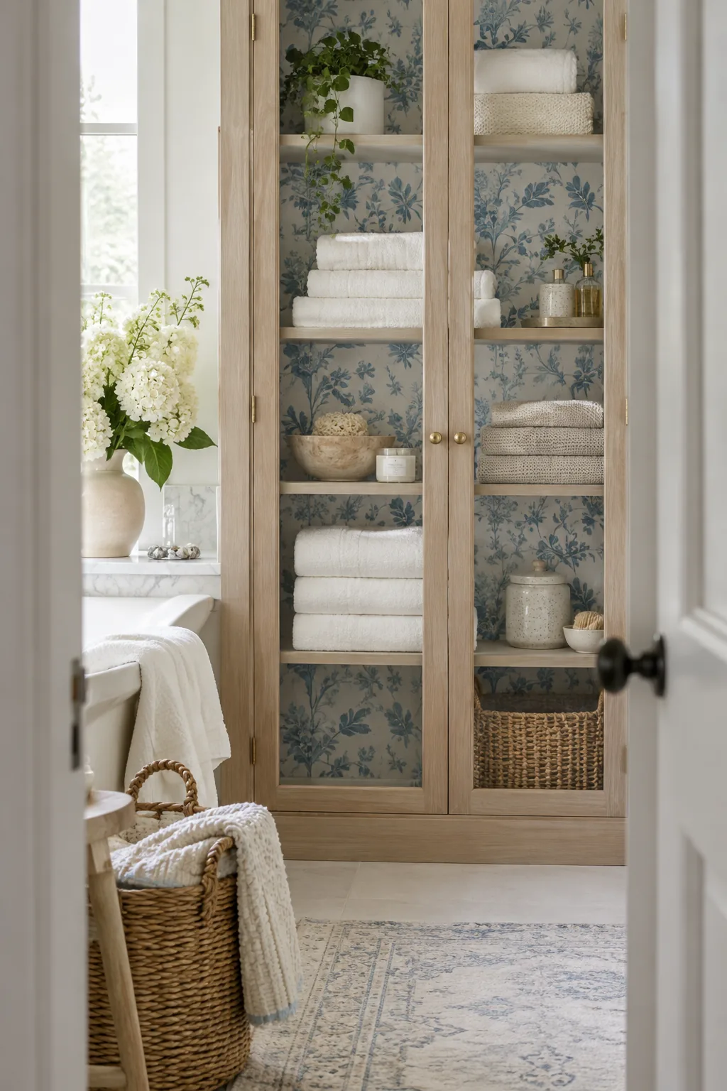 Glass-front bathroom linen closet with patterned wallpaper lining the back wall