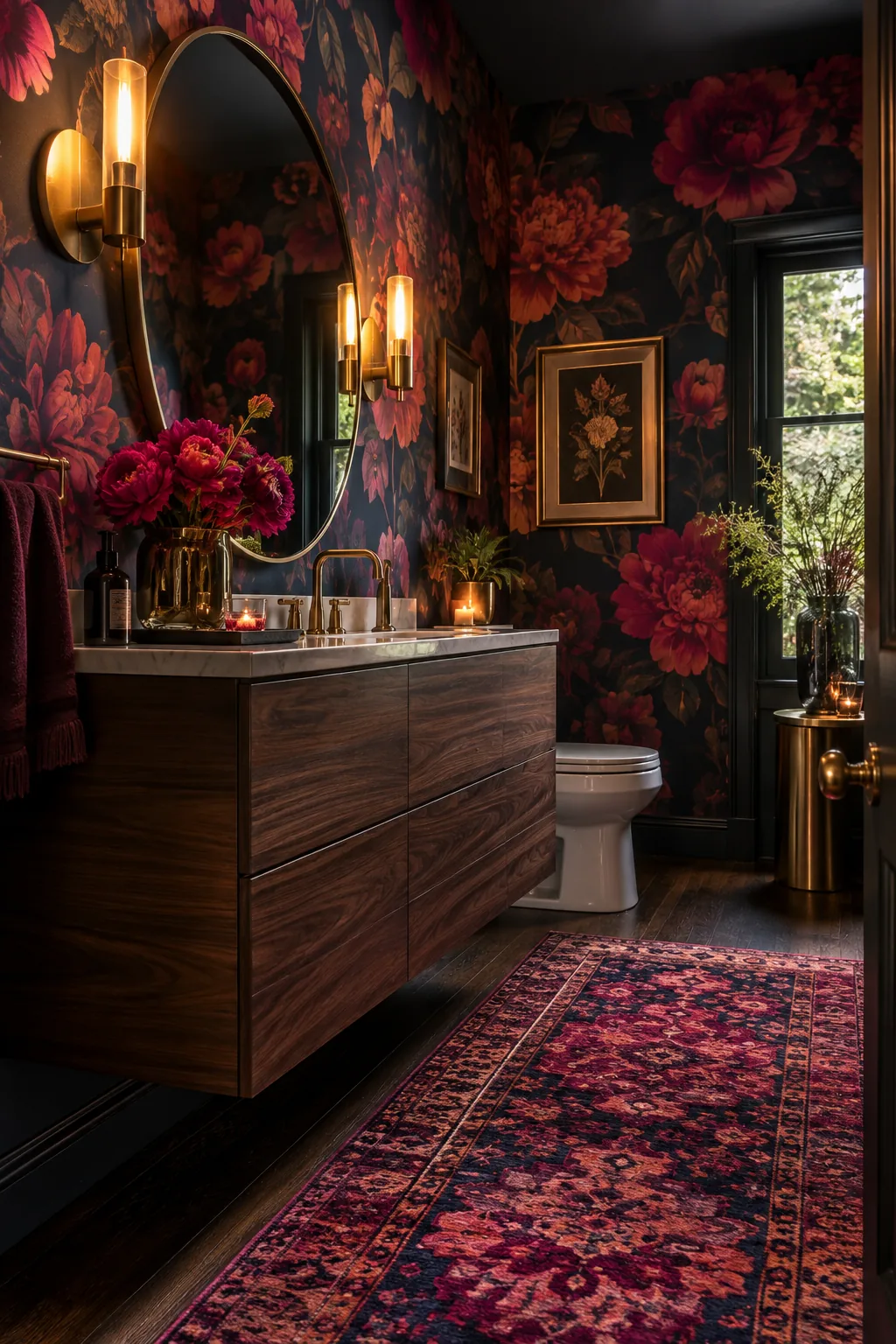 Bathroom with dark floral wallpaper and a modern walnut floating vanity