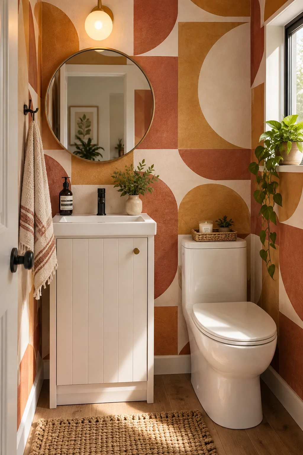 Narrow bathroom featuring a large-scale bold abstract geometric wallpaper