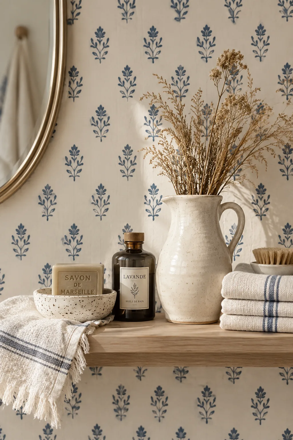 Bathroom with a subtle and delicate block print wallpaper in soft colors