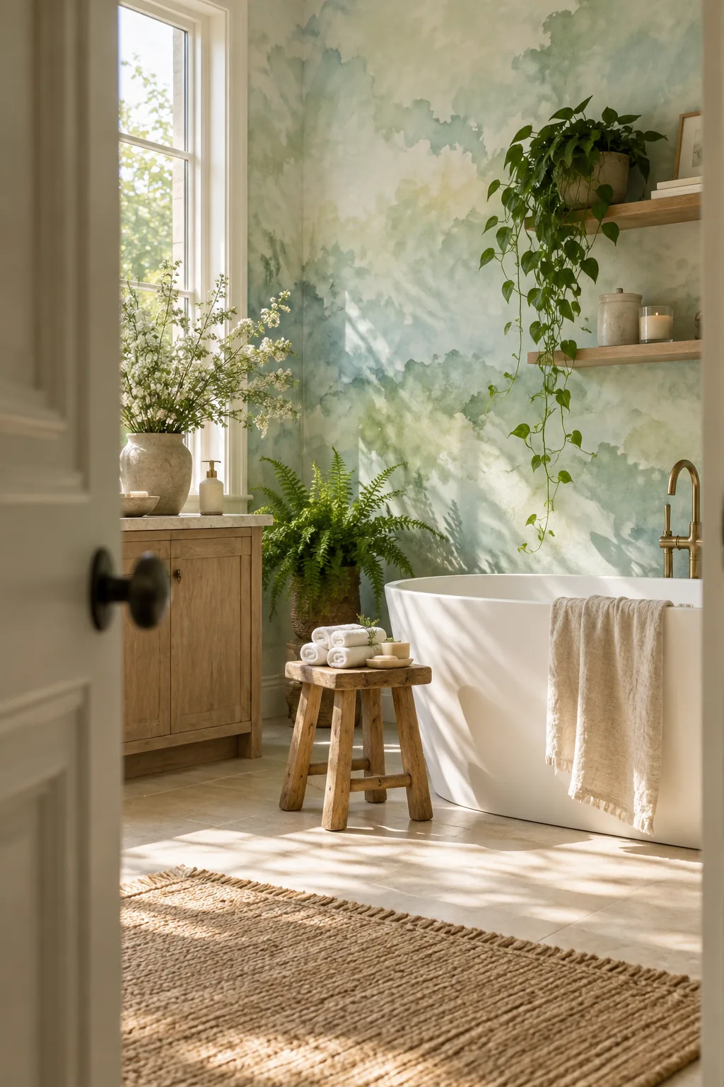 Spa-like bathroom with soft blue watercolor wash wallpaper and hanging plants