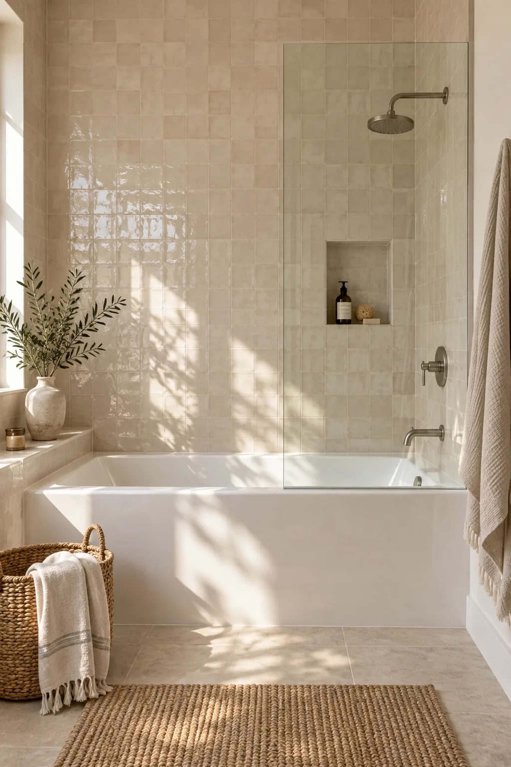 Built-in bathtub with a half-glass partition wall