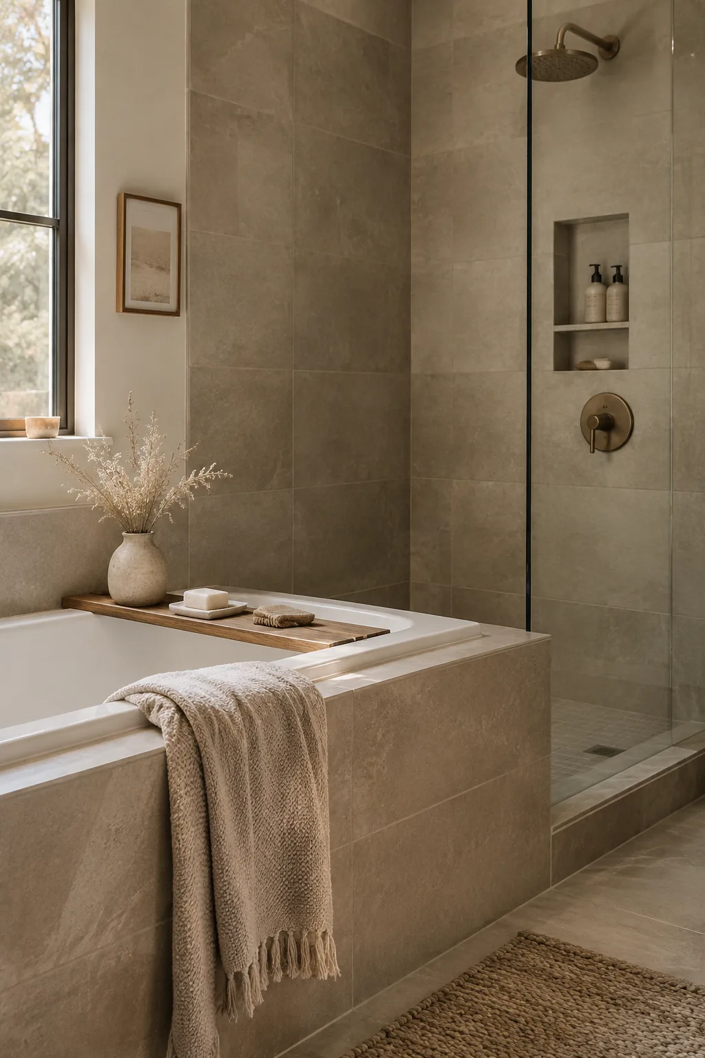 Continuous large format tile across shower and tub