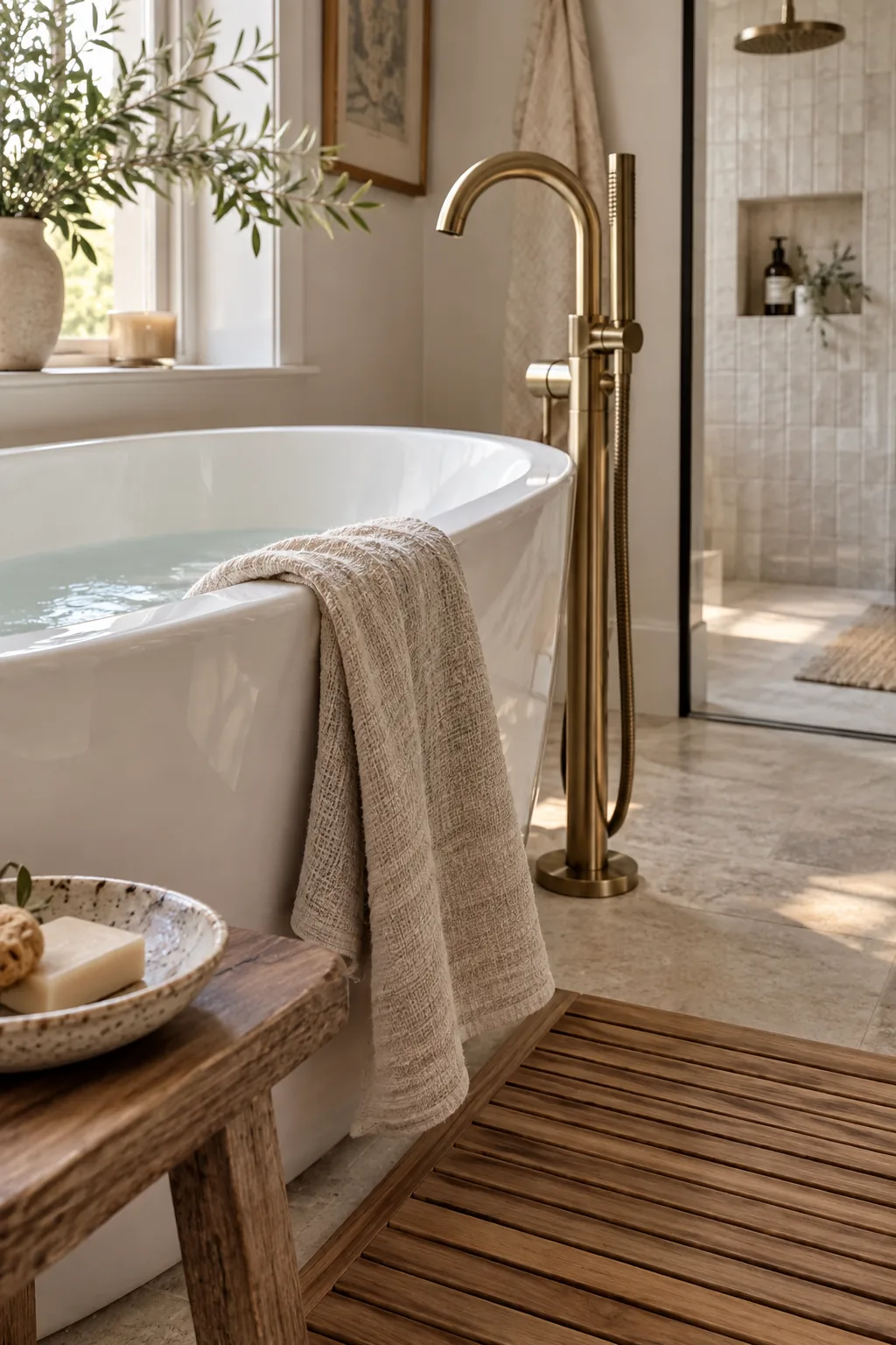 Freestanding tub angled in corner next to shower