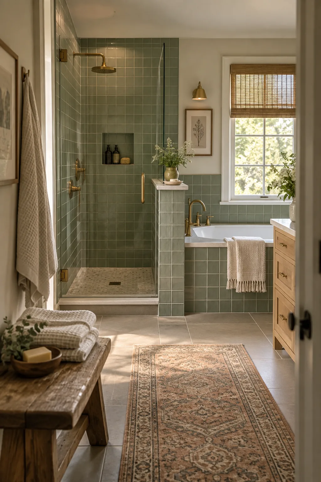 Walk-in shower and built-in tub side by side
