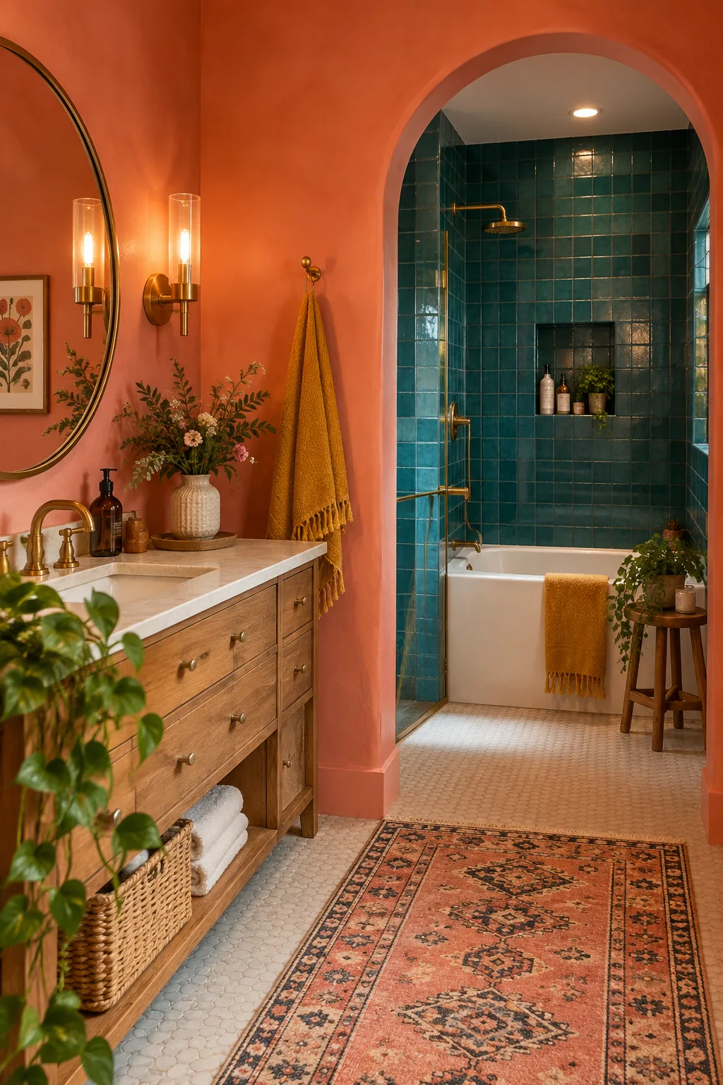 Archway separating vanity from tub and shower zone
