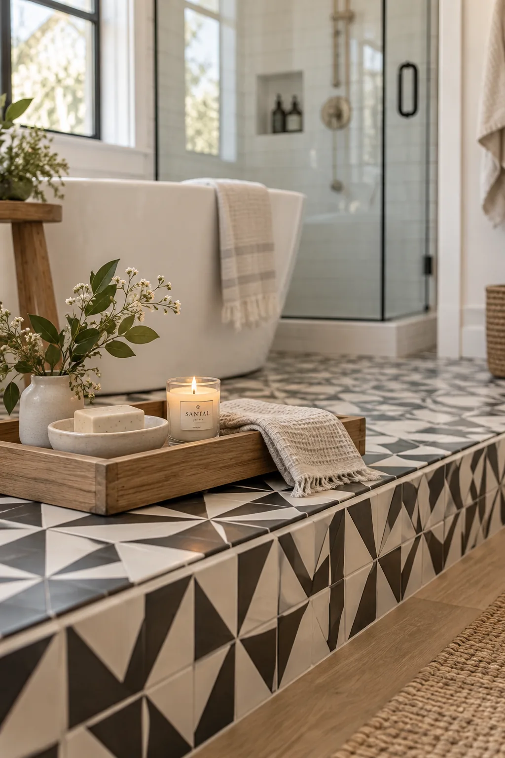 Raised platform floor holding a tub and shower