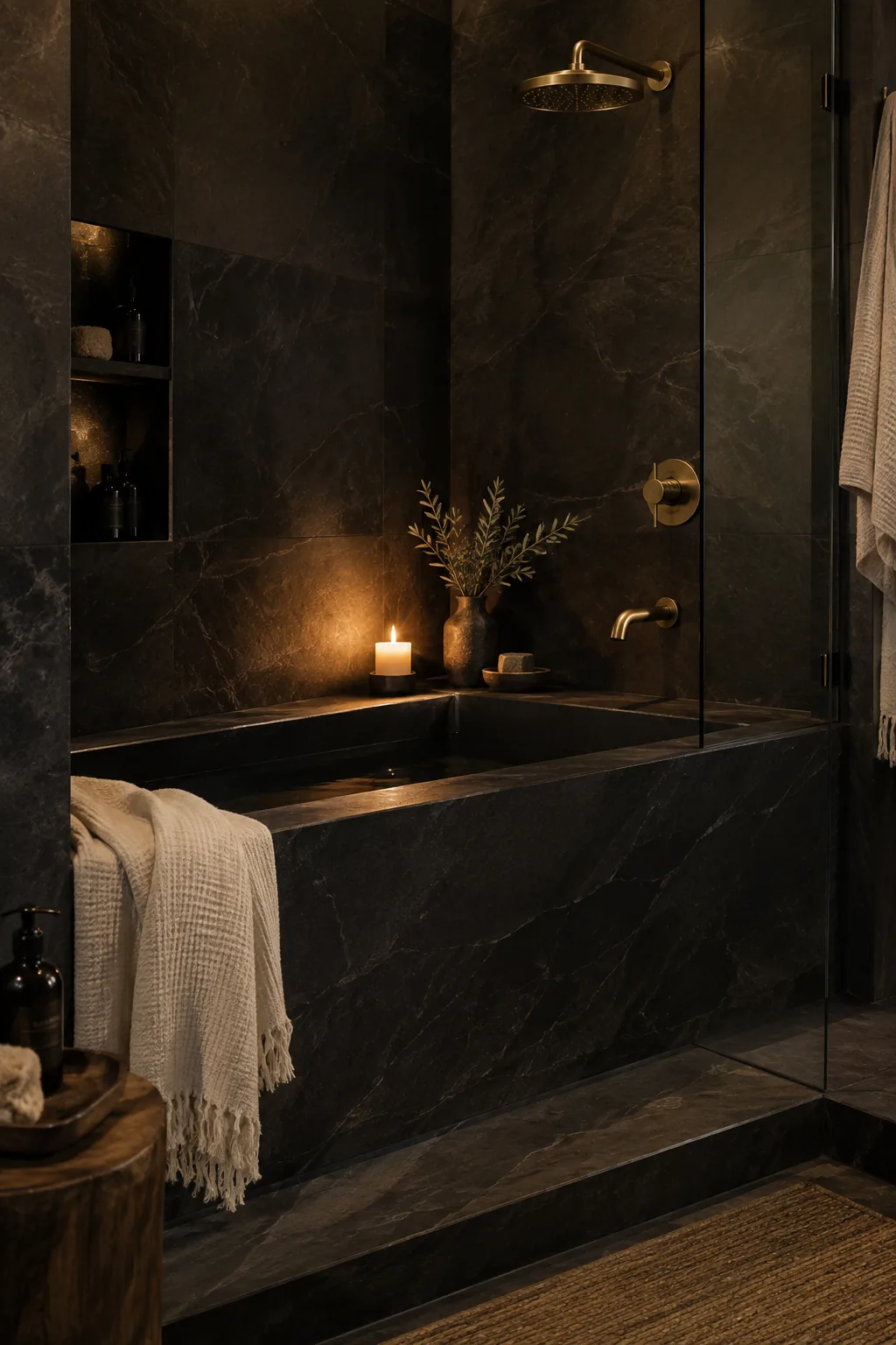 Dark slate tile wrapping a shower and tub