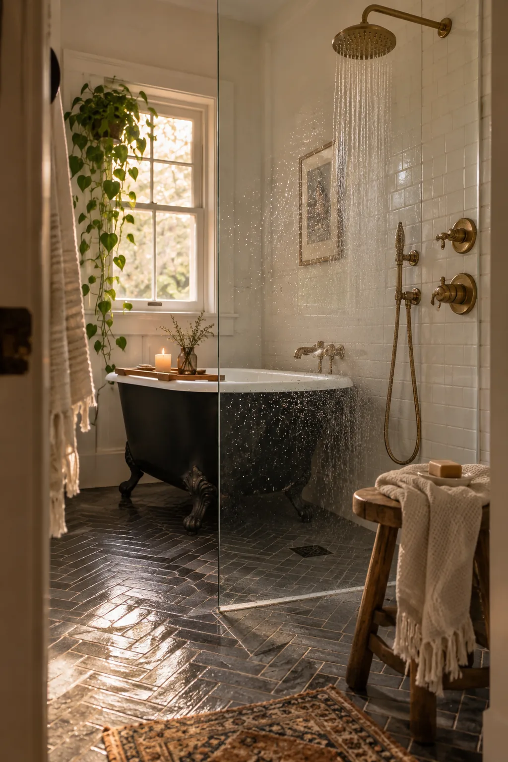 Freestanding tub enclosed inside a large glass shower