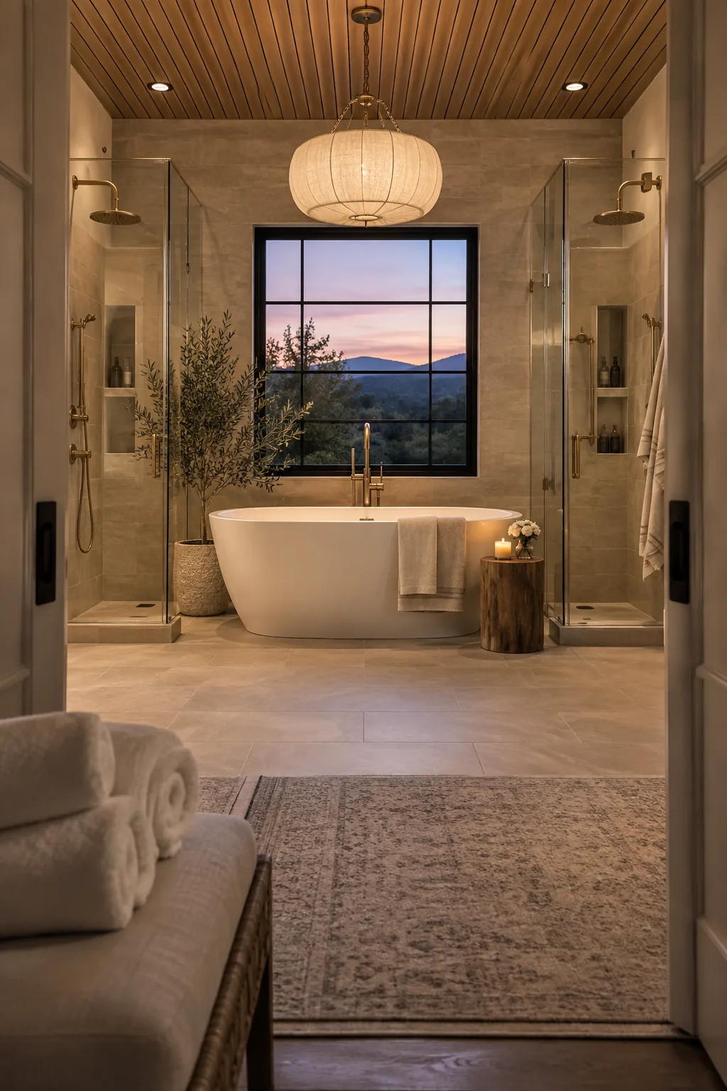 Central bathtub flanked by two glass shower doors