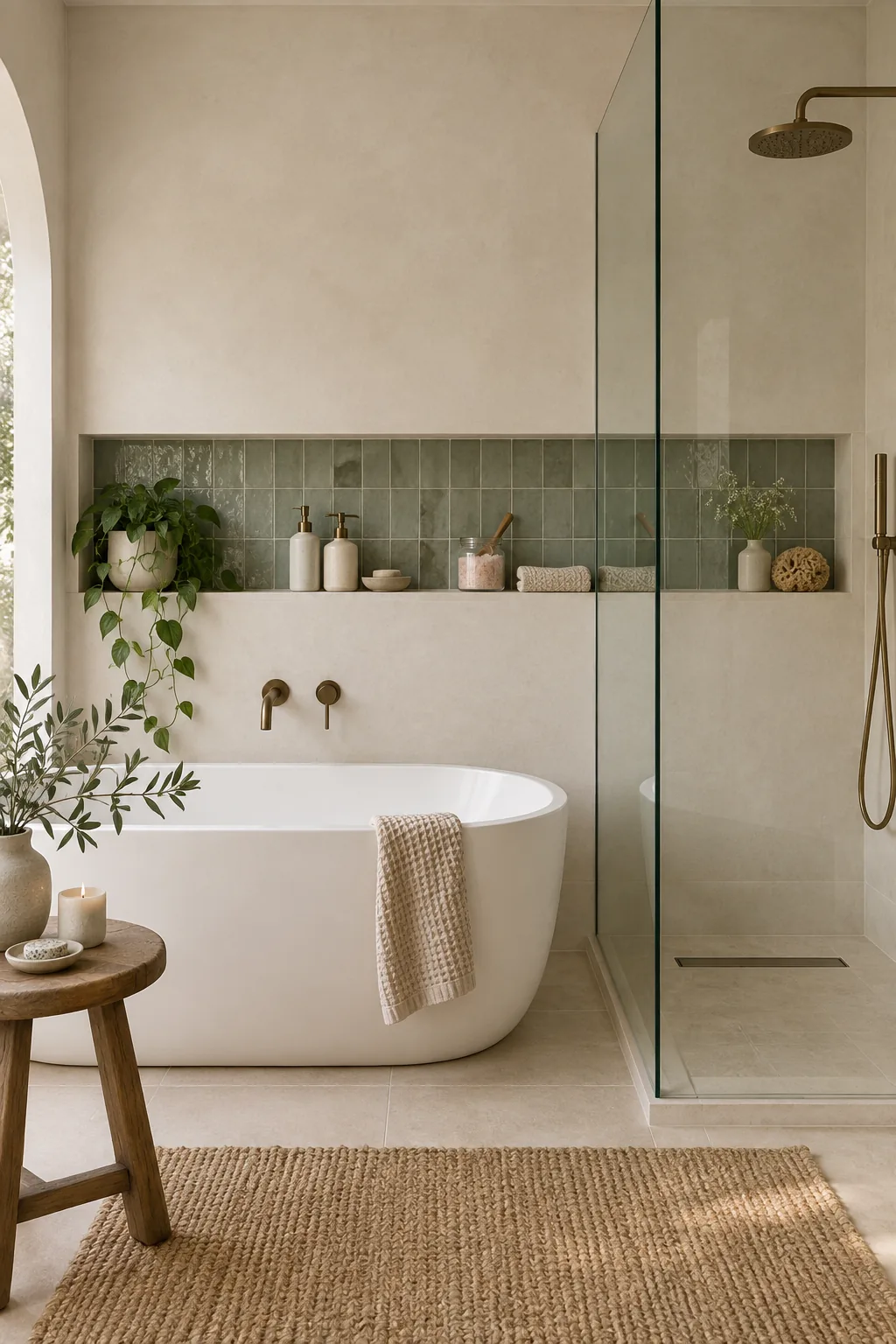 Long recessed wall niche spanning tub and shower