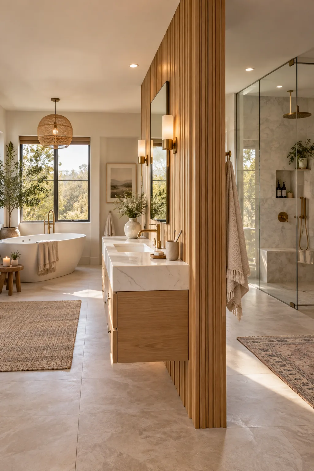 T-shaped partition wall separating a shower and tub