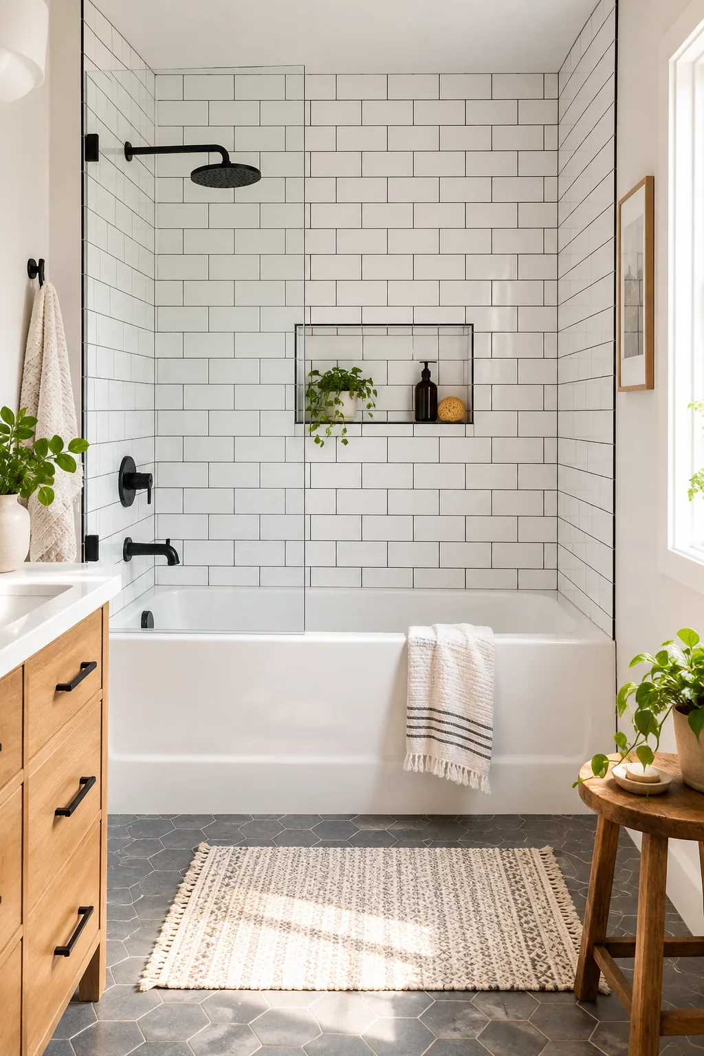 Classic white subway tile with dark grout and matte black fixtures in a modern bathroom.