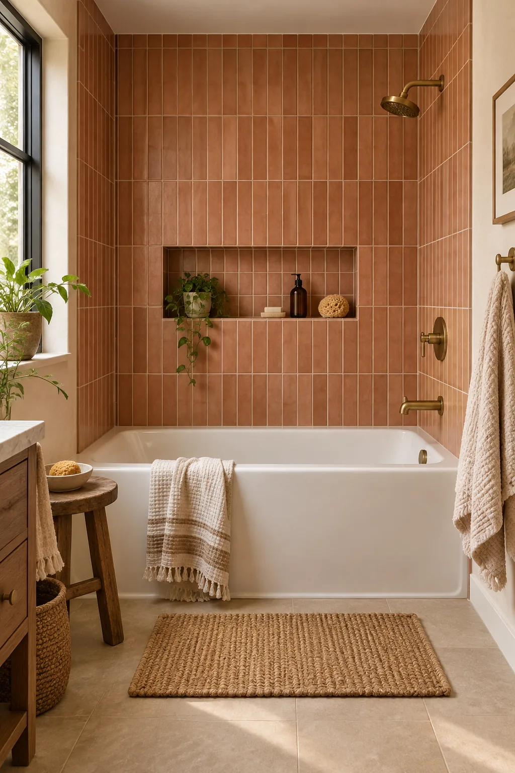 Vertical stacked terracotta tiles with brass fixtures in a warm-toned bathroom.