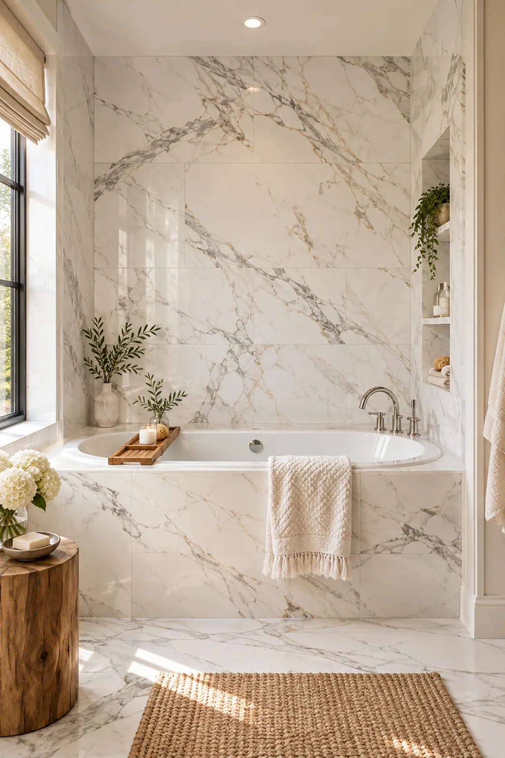 Large format Calacatta marble tiles with polished chrome fixtures in an elegant primary suite.