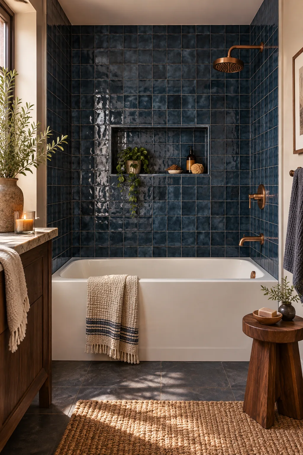 Moody navy blue Zellige tiles with brushed copper fixtures in a guest bathroom.