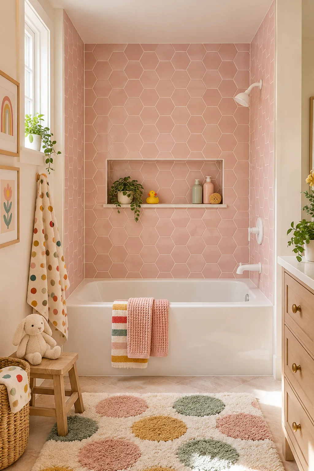 Soft blush pink hexagon tiles with matte white fixtures in a children's bathroom.