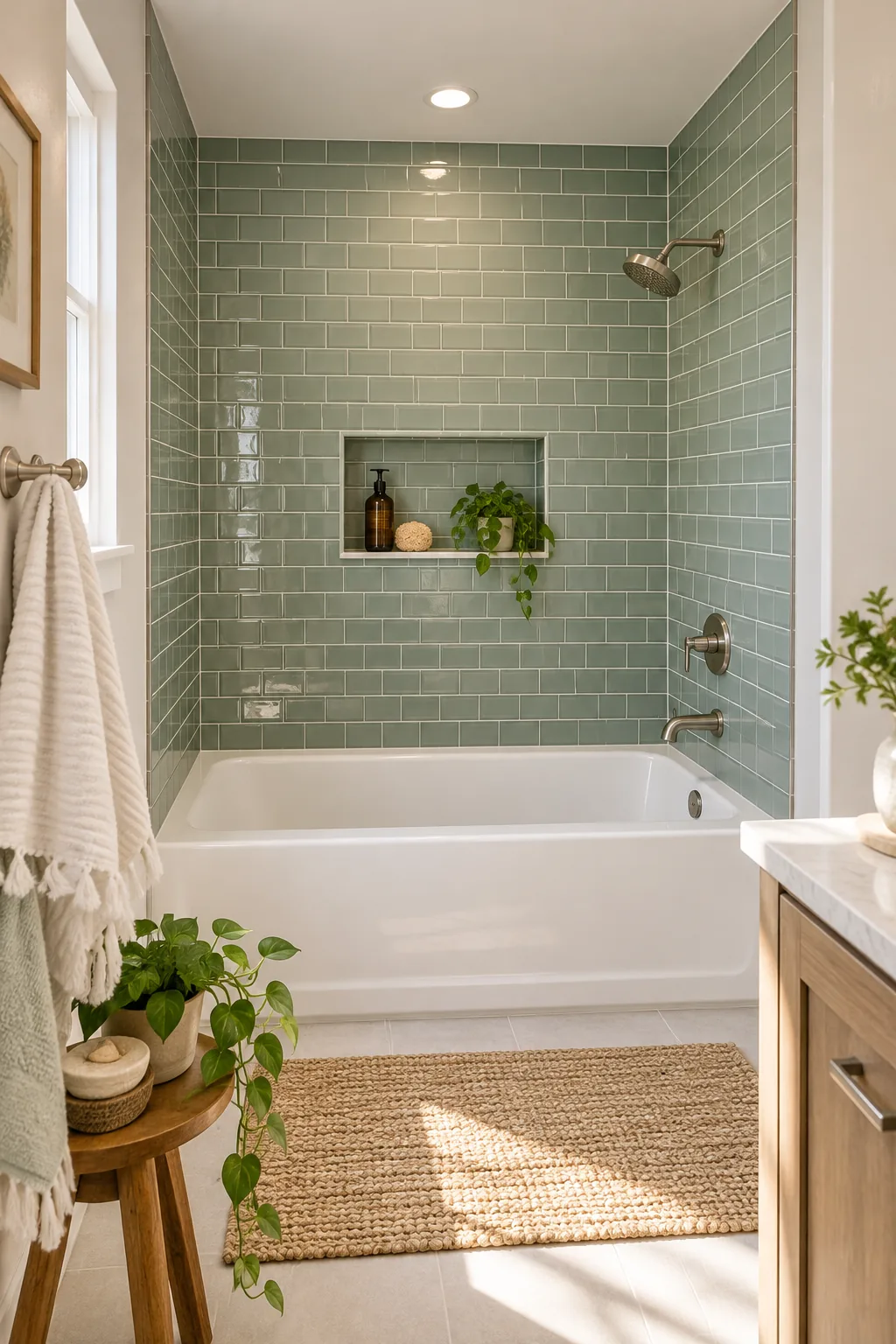 Sea-glass green subway tiles perfectly centered on a bathtub back wall with brushed nickel fixtures.
