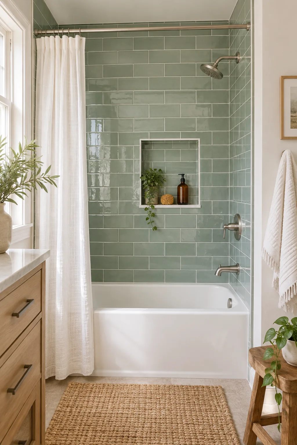 Brushed metal edge profile separating green shower tile from white drywall.