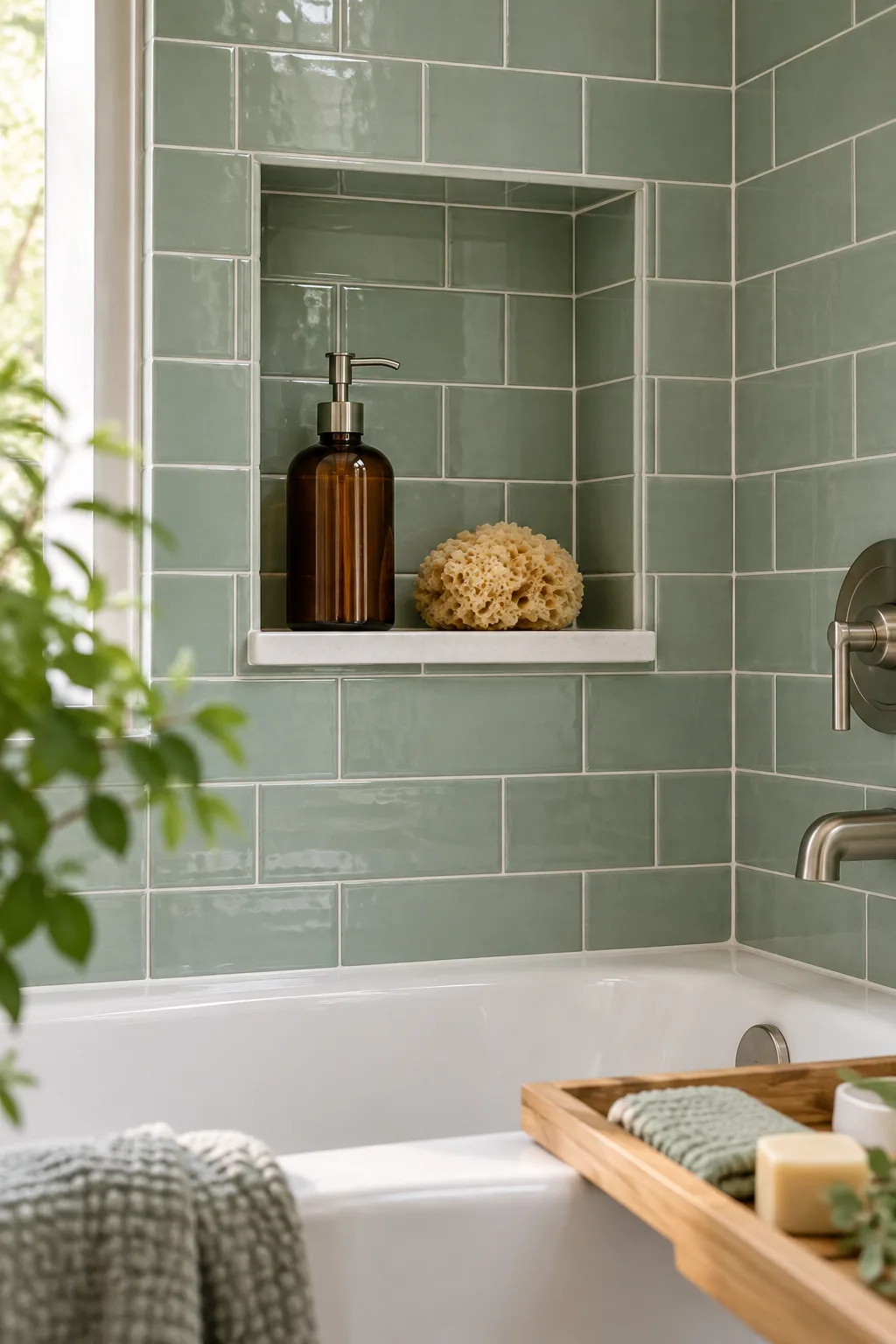 Shower niche with a solid white quartz sill holding bath products.