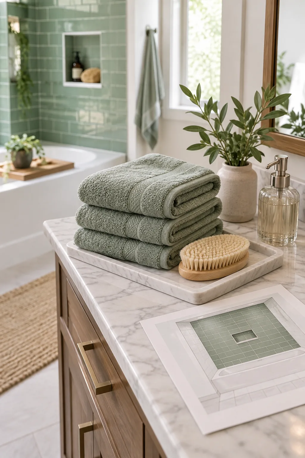 Clean white caulk line between green subway tile and a white bathtub.