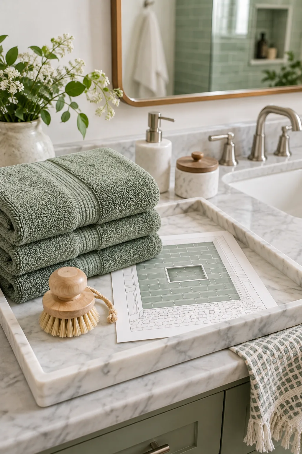 Printed tile layout diagram on a marble tray next to green towels.
