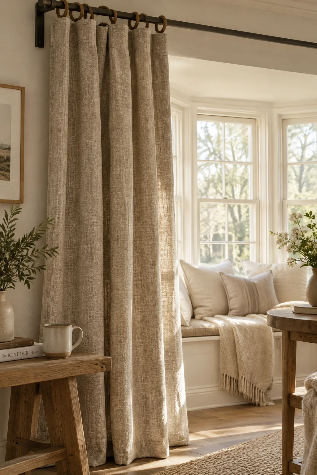 Heavy linen drapes hanging on a straight rod outside a bay window alcove