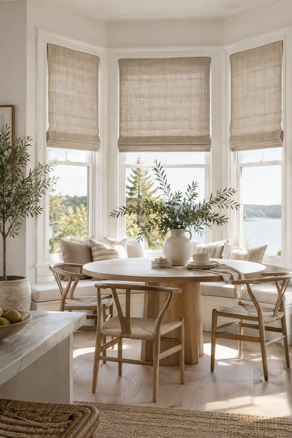 Three woven wood roman shades mounted inside the frames of a bay window