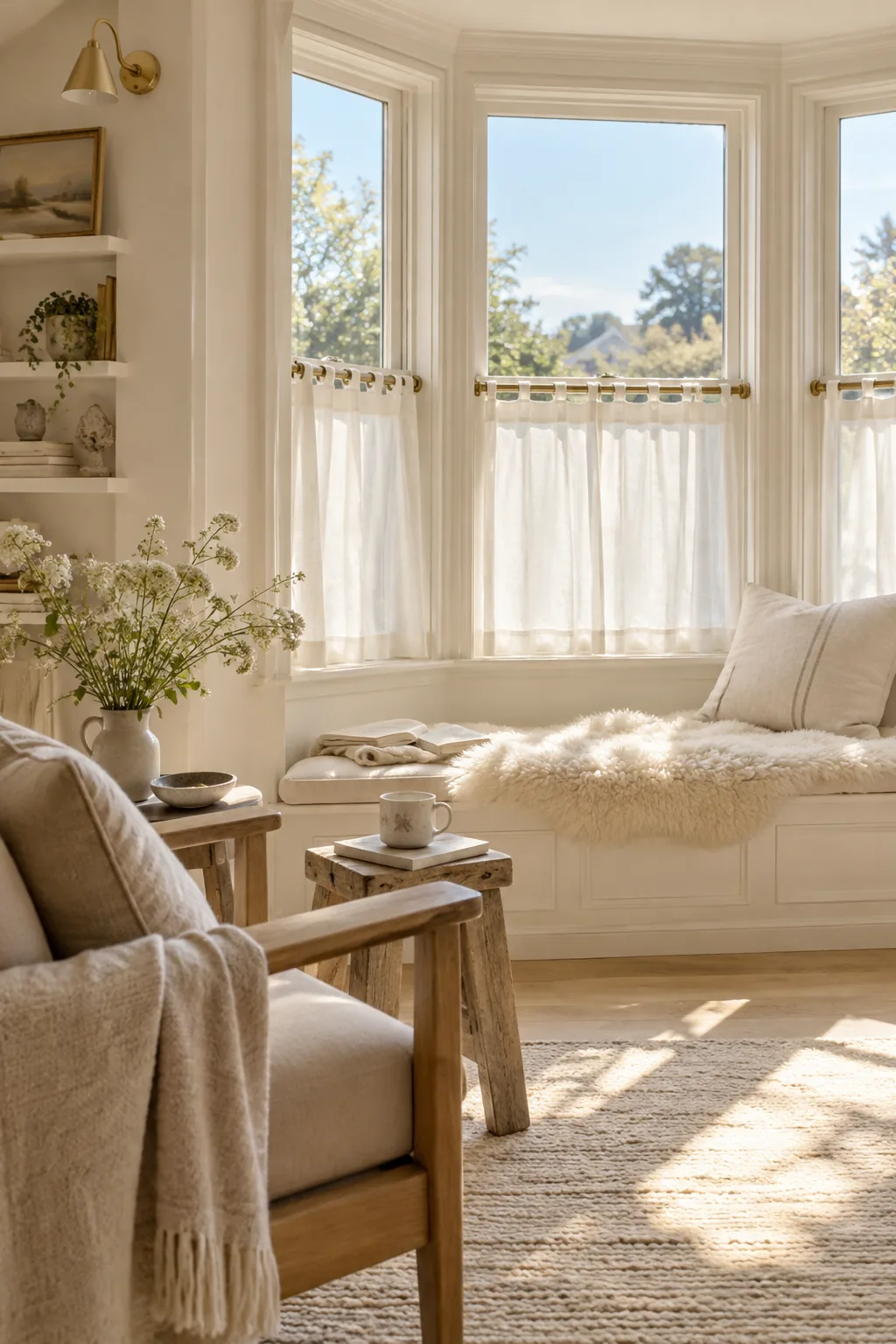 White cafe curtains covering the lower half of a bay window above a window seat