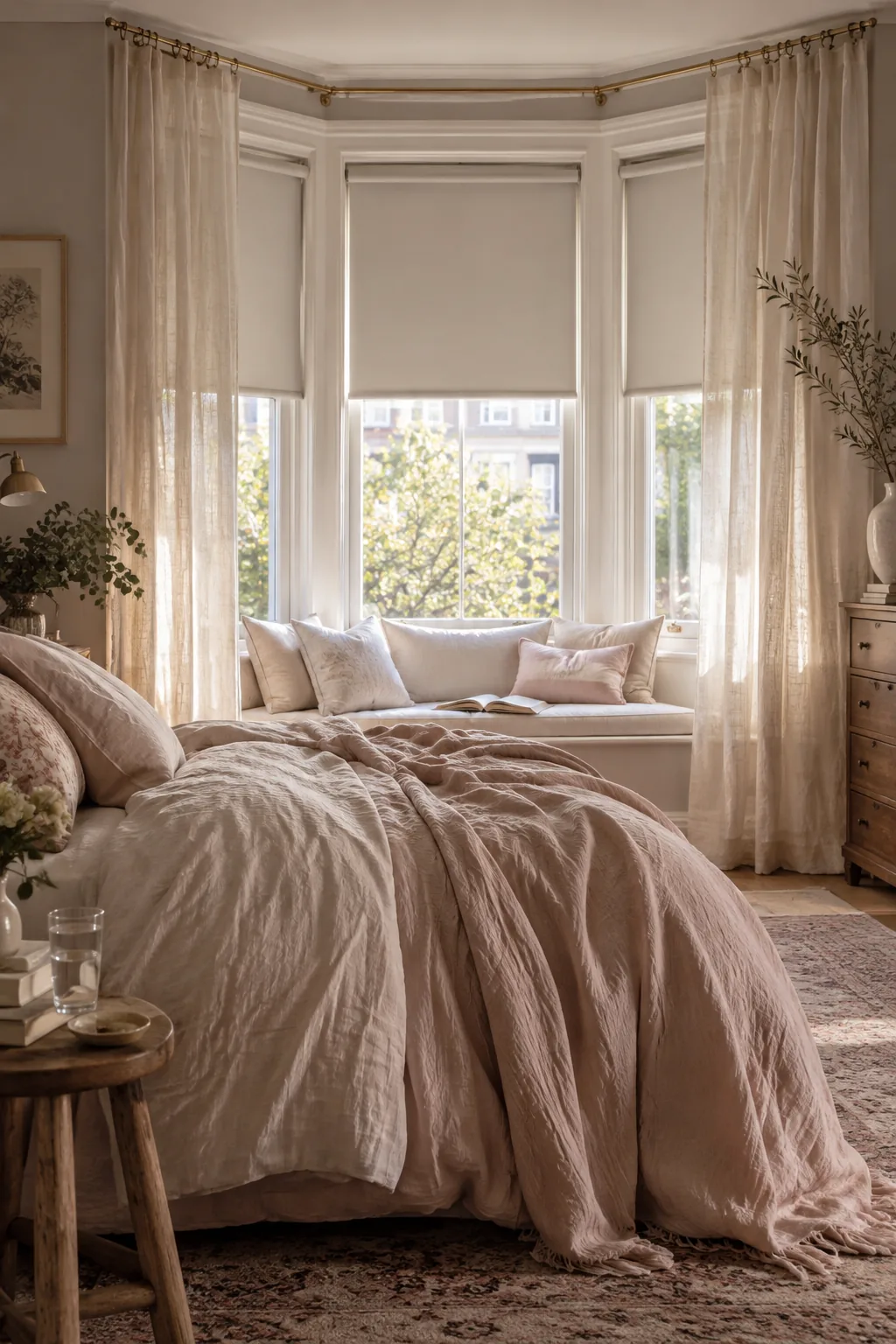 Sheer curtains layered over dark blackout roller shades in a bedroom bay window