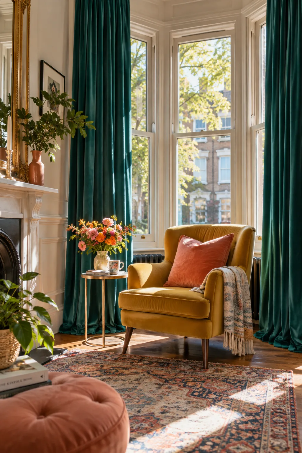 Extra-long velvet curtains hung high above a bay window, touching the floor